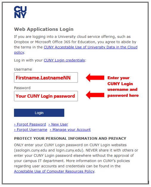 CUNY Login Screen